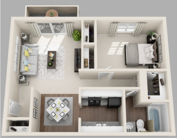 Floor plan for 1 bed, 1 bath, 657 sqft